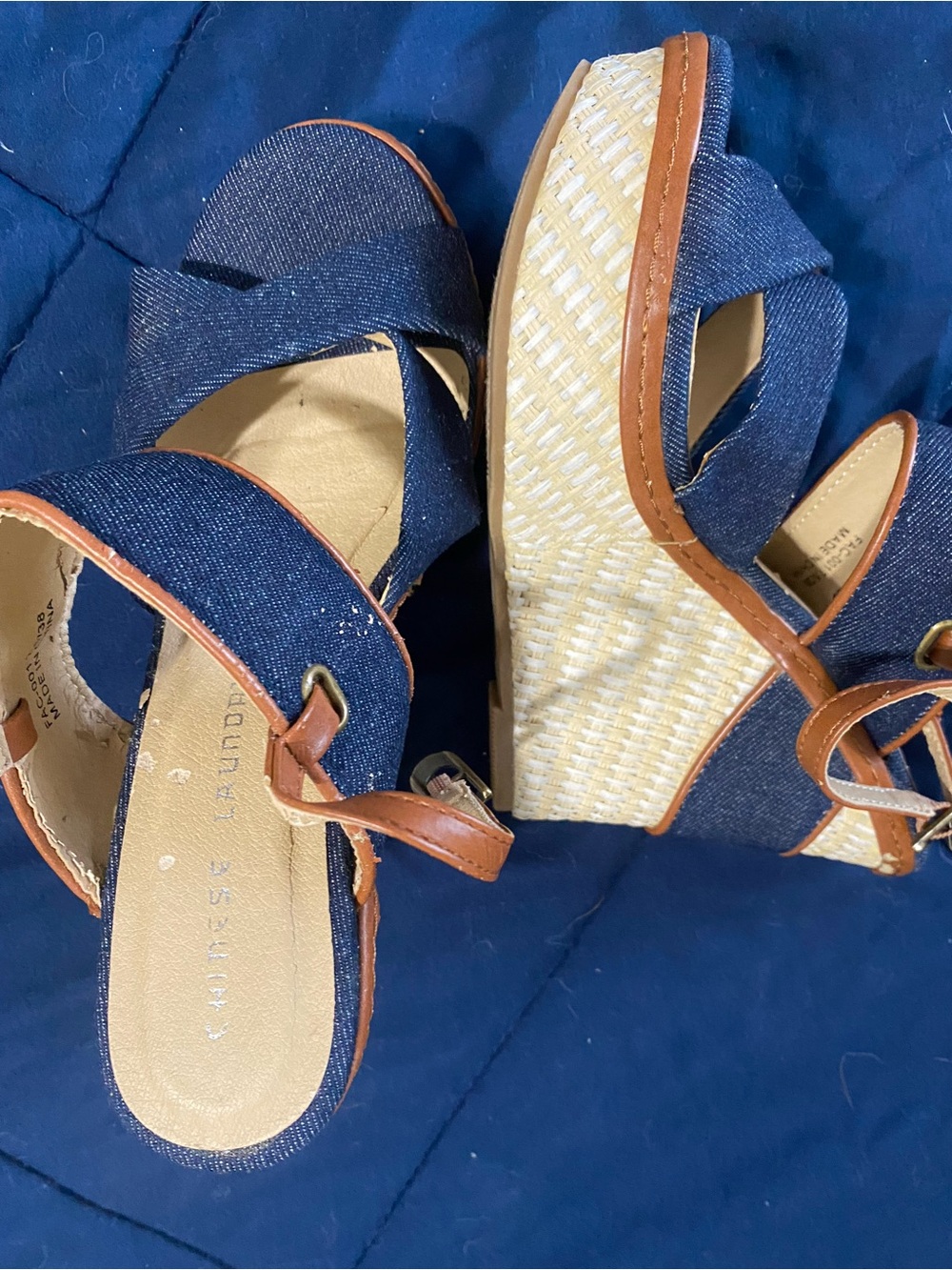 Chinese Laundry Denim Blue Wedge Sandals with Brown Trim
